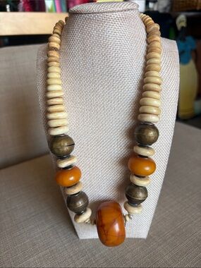 Vintage African Copal Amber Resin Bone Brass Statement Necklace Boho